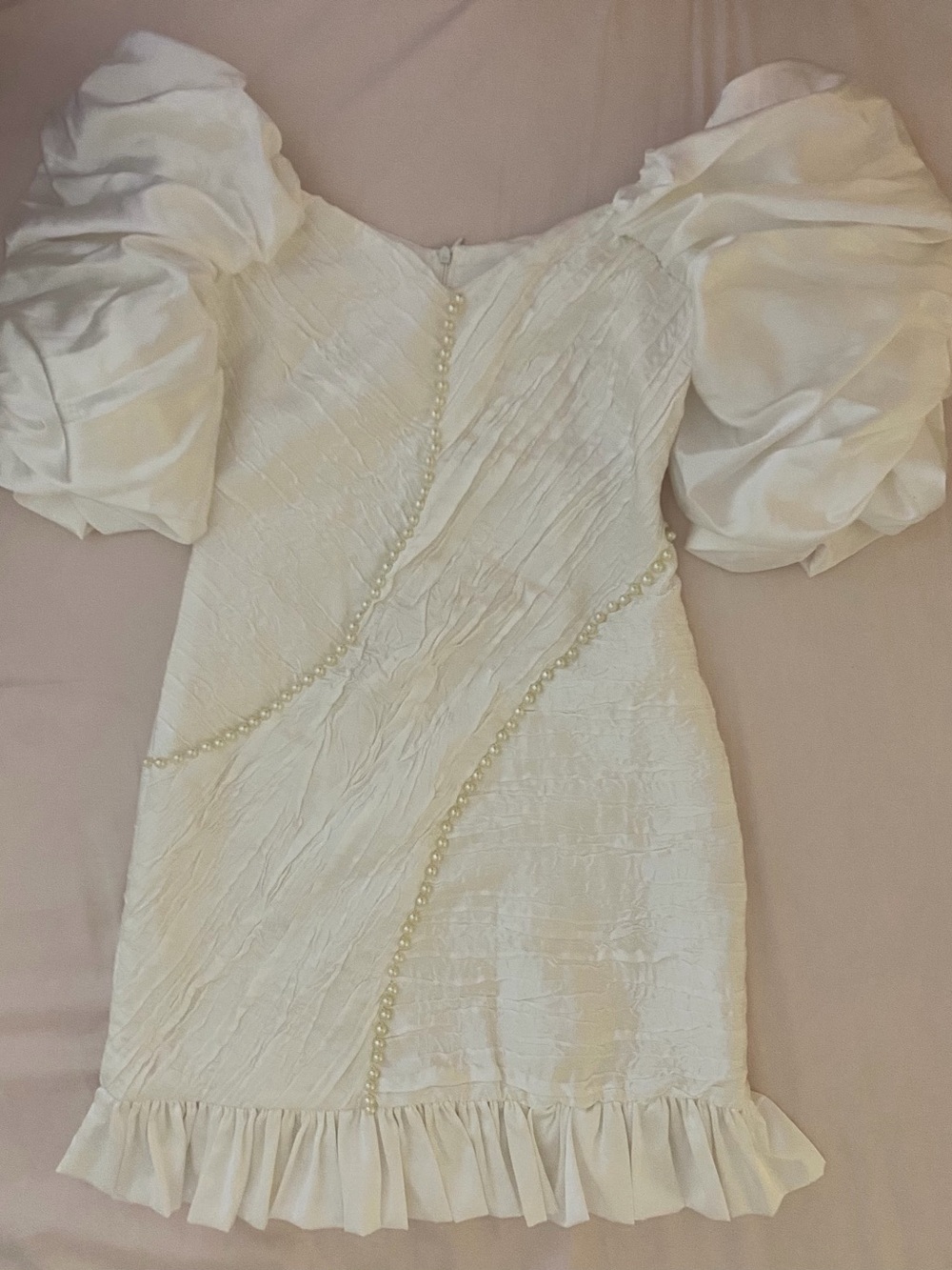 Ivory Puff-Sleeve Mini Dress with Pearl Trim